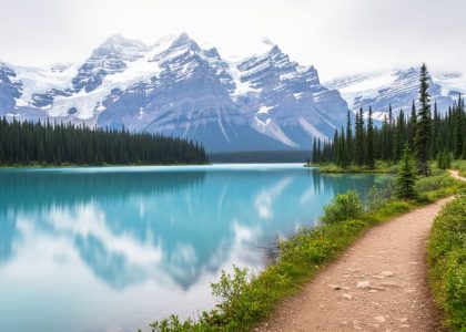Wide landscape of Canadian national park scenery with mountains, a turquoise lake, spruce forest, and a winding hiking trail under overcast daylight.