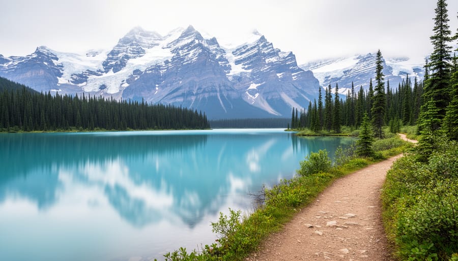 Wide landscape of Canadian national park scenery with mountains, a turquoise lake, spruce forest, and a winding hiking trail under overcast daylight.