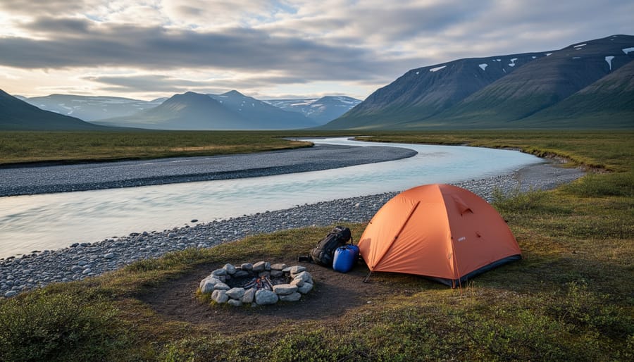 Tent camp on tundra overlooking an arctic river valley in Ivvavik National Park