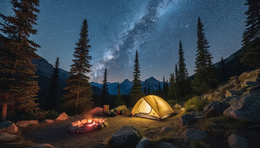 Milky Way above a Jasper National Park campsite with dark mountains