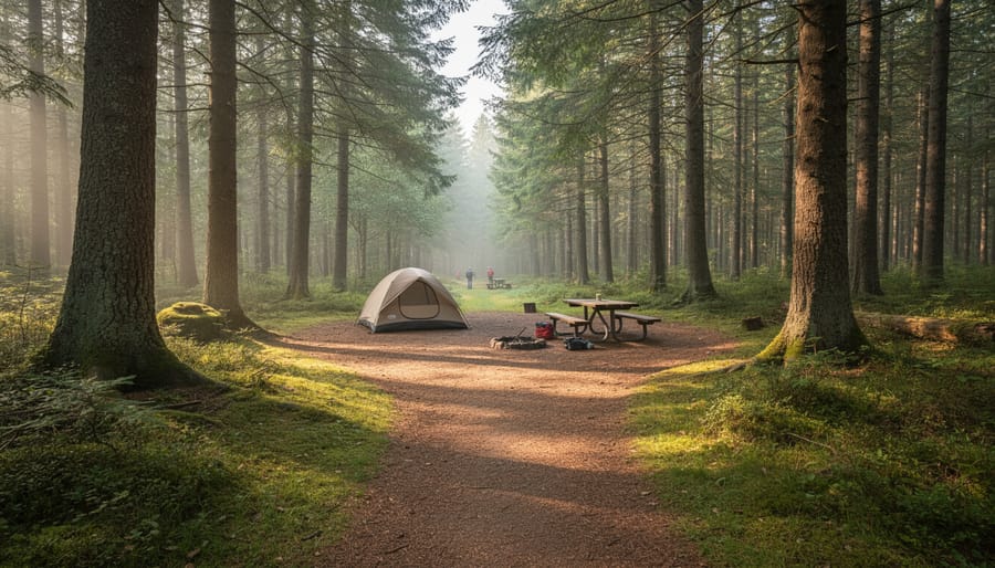 Tent at a primitive walk-in campsite in the forest at Lomond Campground