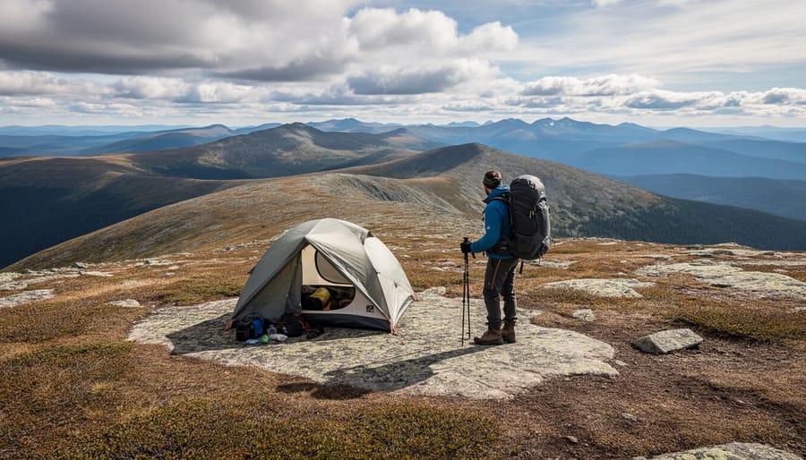 Backpackers’ alpine tent on tundra above treeline in the Long Range Mountains backcountry