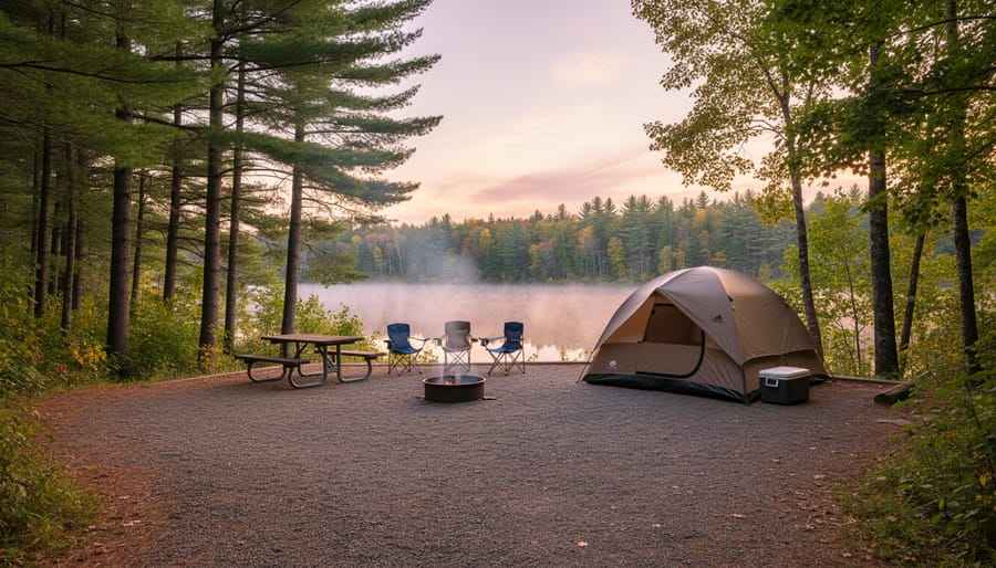 Forest campsite in Ontario Provincial Park with a picnic table, lantern light, and camping chairs under pine trees at golden hour