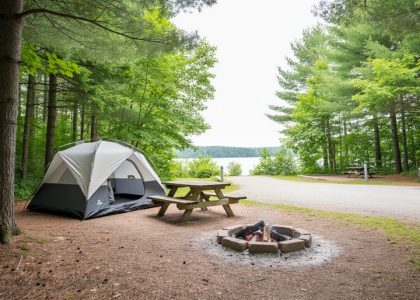 “Tent and picnic table near a campfire at an Ontario provincial park campsite surrounded by pine and hardwood trees.”