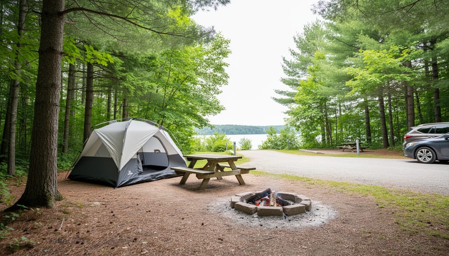 “Tent and picnic table near a campfire at an Ontario provincial park campsite surrounded by pine and hardwood trees.”