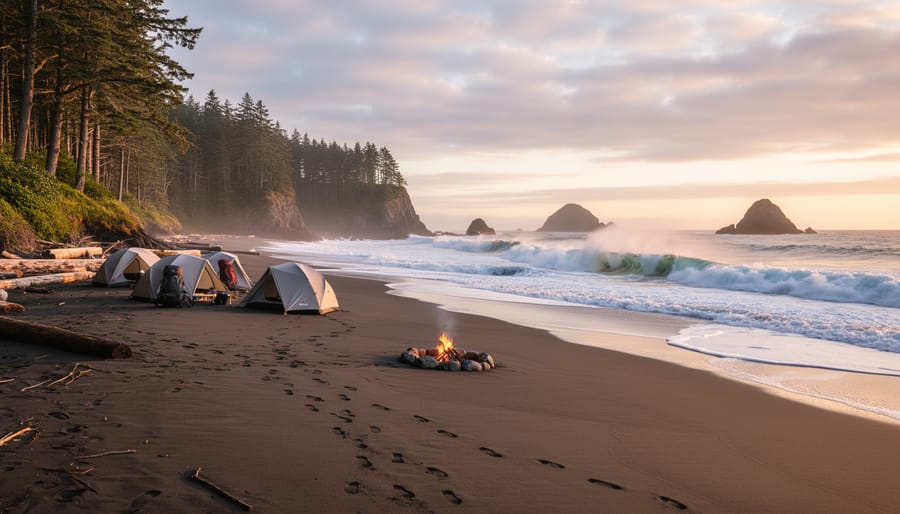 Tent at the beach with ocean waves and coastal rainforest scenery in Pacific Rim National Park Reserve