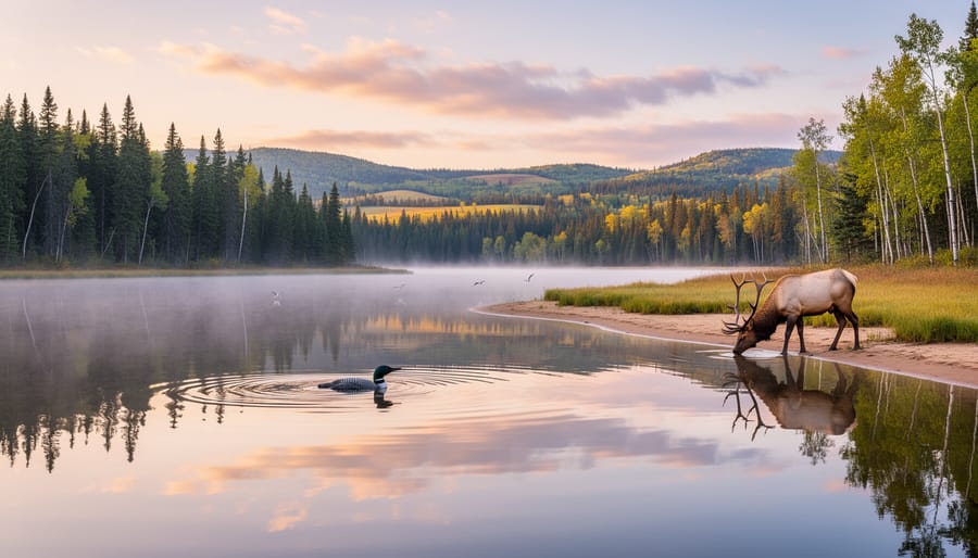 Canoe on a lake with bison silhouettes near the treeline in Prince Albert National Park