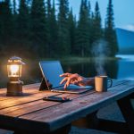Camper at a lakeside picnic table at dusk with a laptop and phone near a camping lantern, surrounded by pine trees and a calm forest lake.