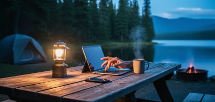 Camper at a lakeside picnic table at dusk with a laptop and phone near a camping lantern, surrounded by pine trees and a calm forest lake.