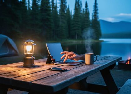 Camper at a lakeside picnic table at dusk with a laptop and phone near a camping lantern, surrounded by pine trees and a calm forest lake.