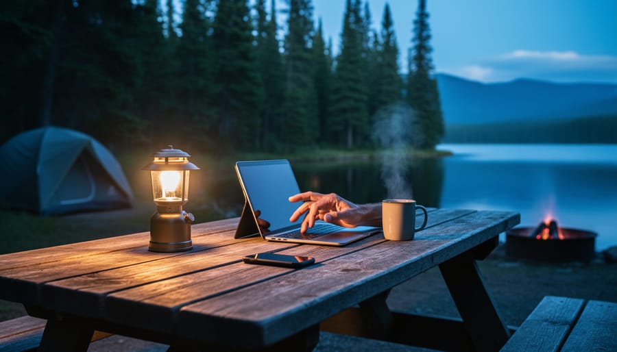 Camper at a lakeside picnic table at dusk with a laptop and phone near a camping lantern, surrounded by pine trees and a calm forest lake.