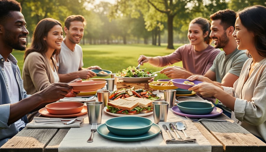 Reusable camping plates, bowls, and cutlery on a camp table