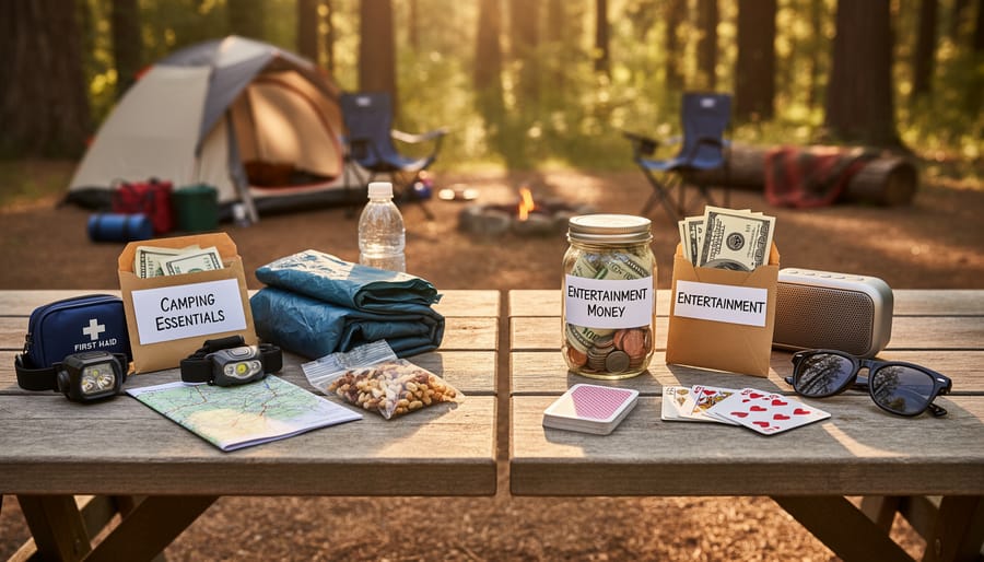 Camping essentials laid out with a separate small coin pouch stored apart from food and emergency gear.