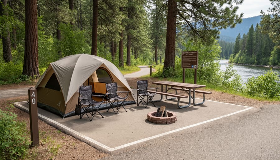 Tent in a shaded Ontario provincial park campsite with a fire pit and canoe in the background