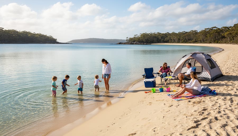 Family on a sandy beach at Shallow Bay Campground with camping gear near the dunes