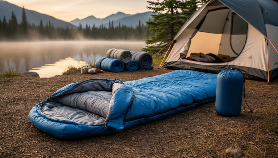 Summer sleeping bag laid out inside a tent with zipper partially open