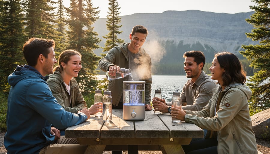 Using a water filtration system to fill reusable water bottles at a campsite