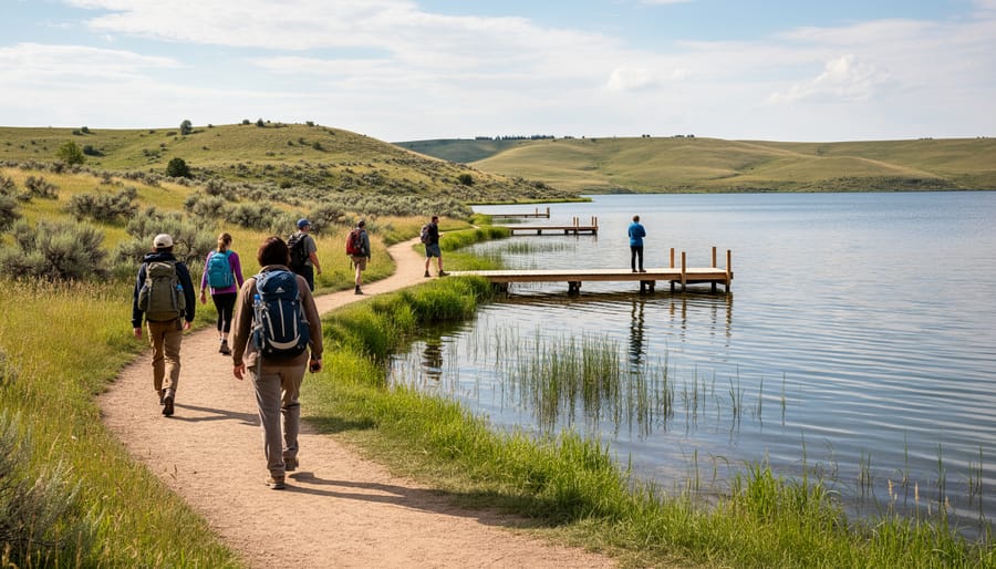 Hikers on the Des Lacs Trail with lake views and pier structures in the background
