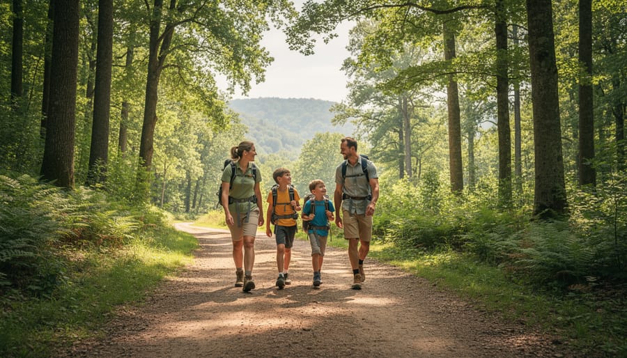 Family walking on an easy loop hiking trail at Mont St Bruno
