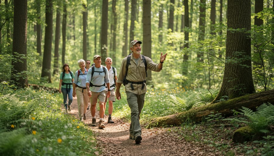 Guide leading hikers on a nature trail during a Mont St Bruno guided hike