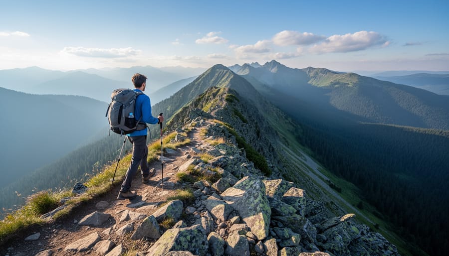 Hiker at an intermediate ridge viewpoint overlooking the landscape at Mont St Bruno