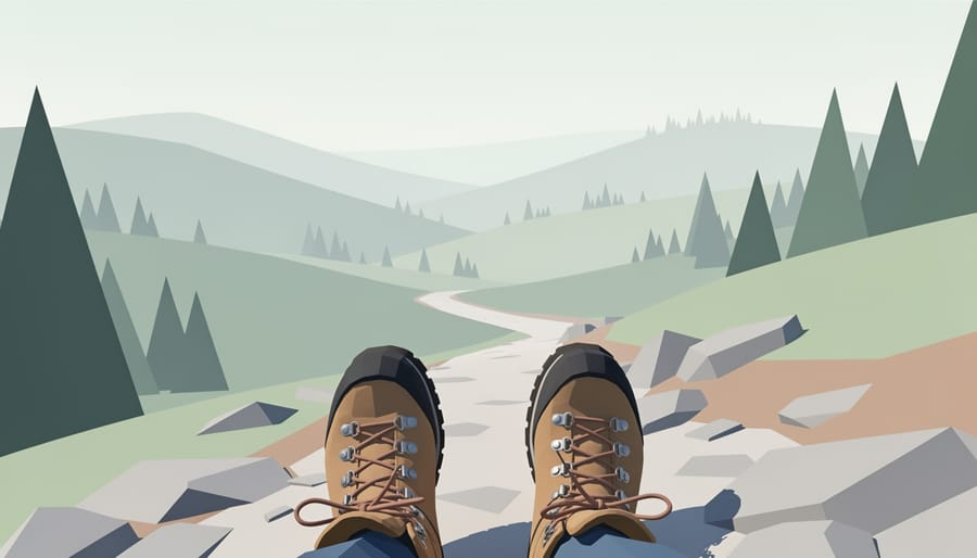 Close-up of hiking boots on a trail with a blurred scenic view of Mont St Bruno