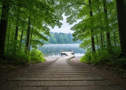 Hiking trail through a lush forest in Mont Saint-Bruno leading toward a lakeshore pier and calm water.
