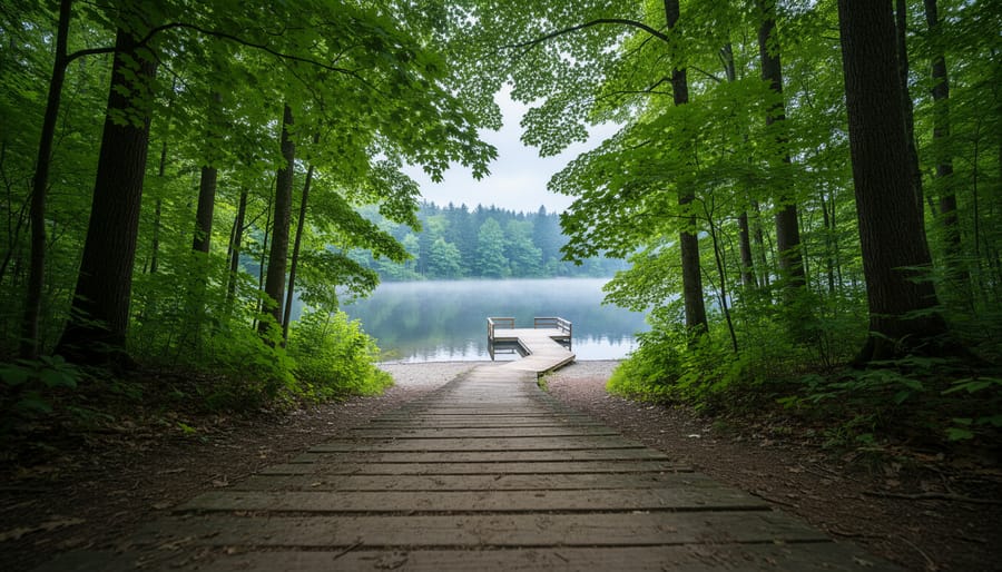Hiking trail through a lush forest in Mont Saint-Bruno leading toward a lakeshore pier and calm water.