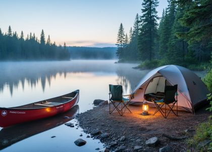 “Tent and camping chairs at a Canadian national park campsite near a misty lake at dawn with a softly glowing lantern.”